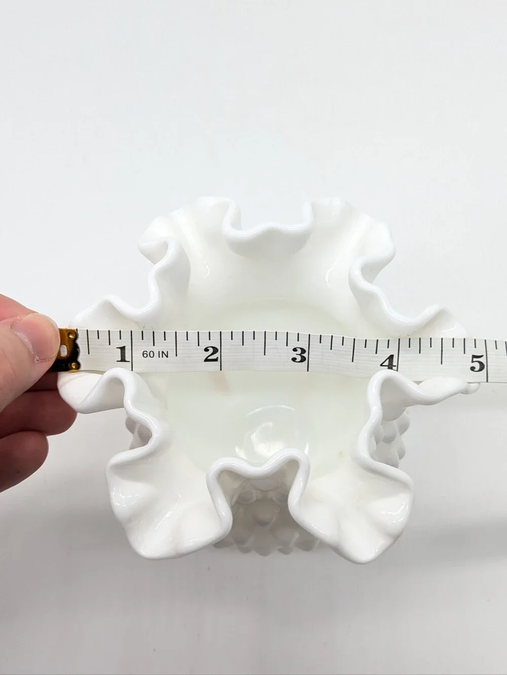 Vintage Fenton White Crimped Ruffle Edge Hobnail Vase